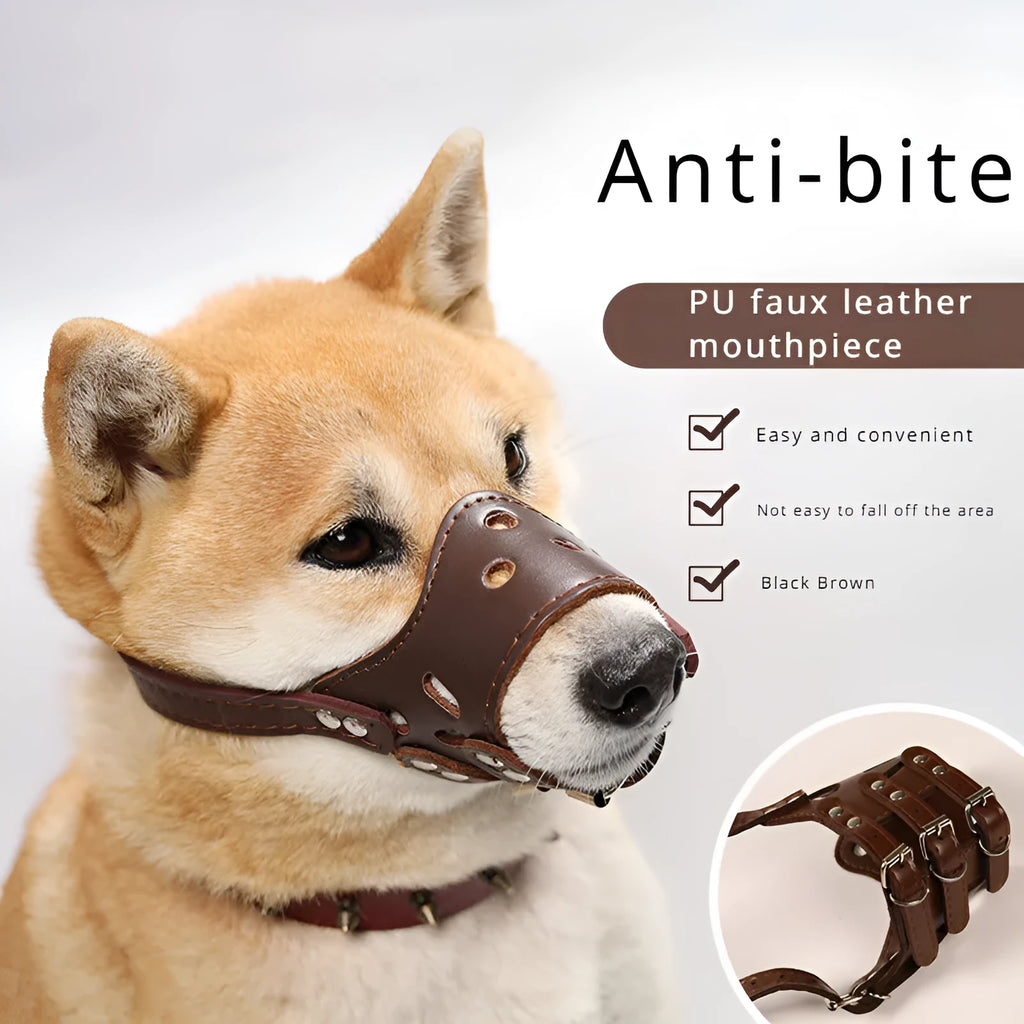 Black or brown dog muzzle silencer for anti-barking and bite prevention with size chart