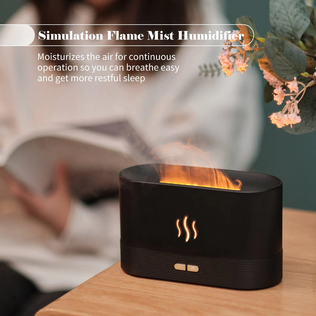 Black square aroma diffuser with flame light effect and mist output