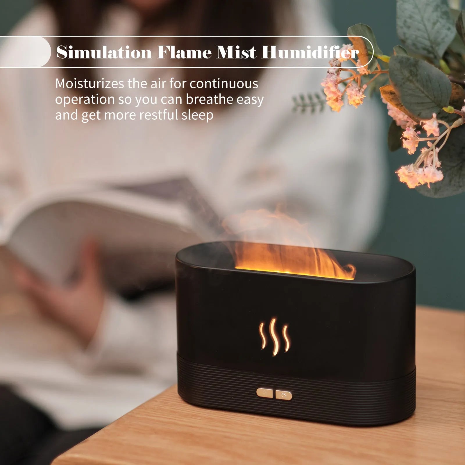 Black square aroma diffuser with flame light effect and mist output