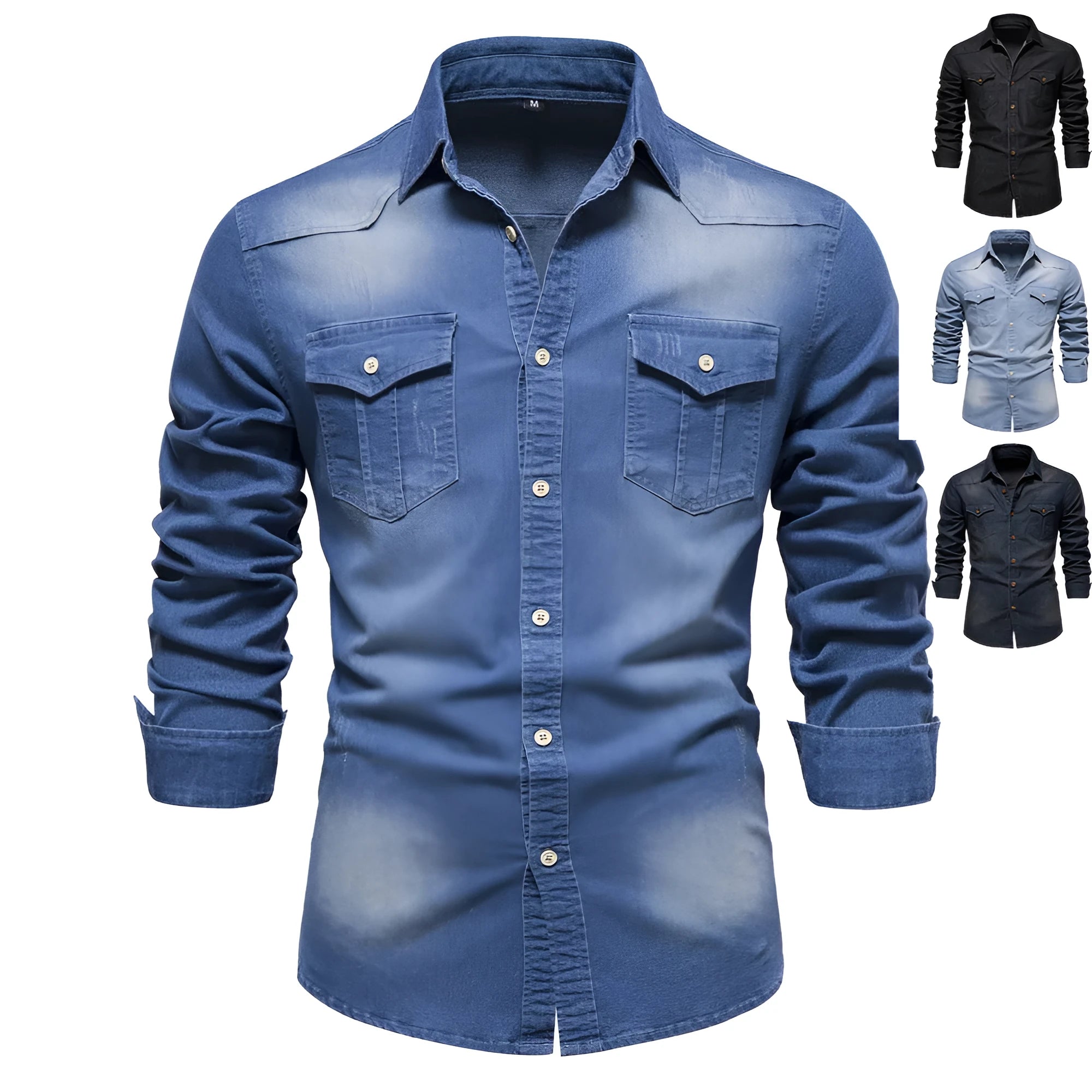 Men's slim fit long sleeve cotton denim shirt in solid colour on hanger
