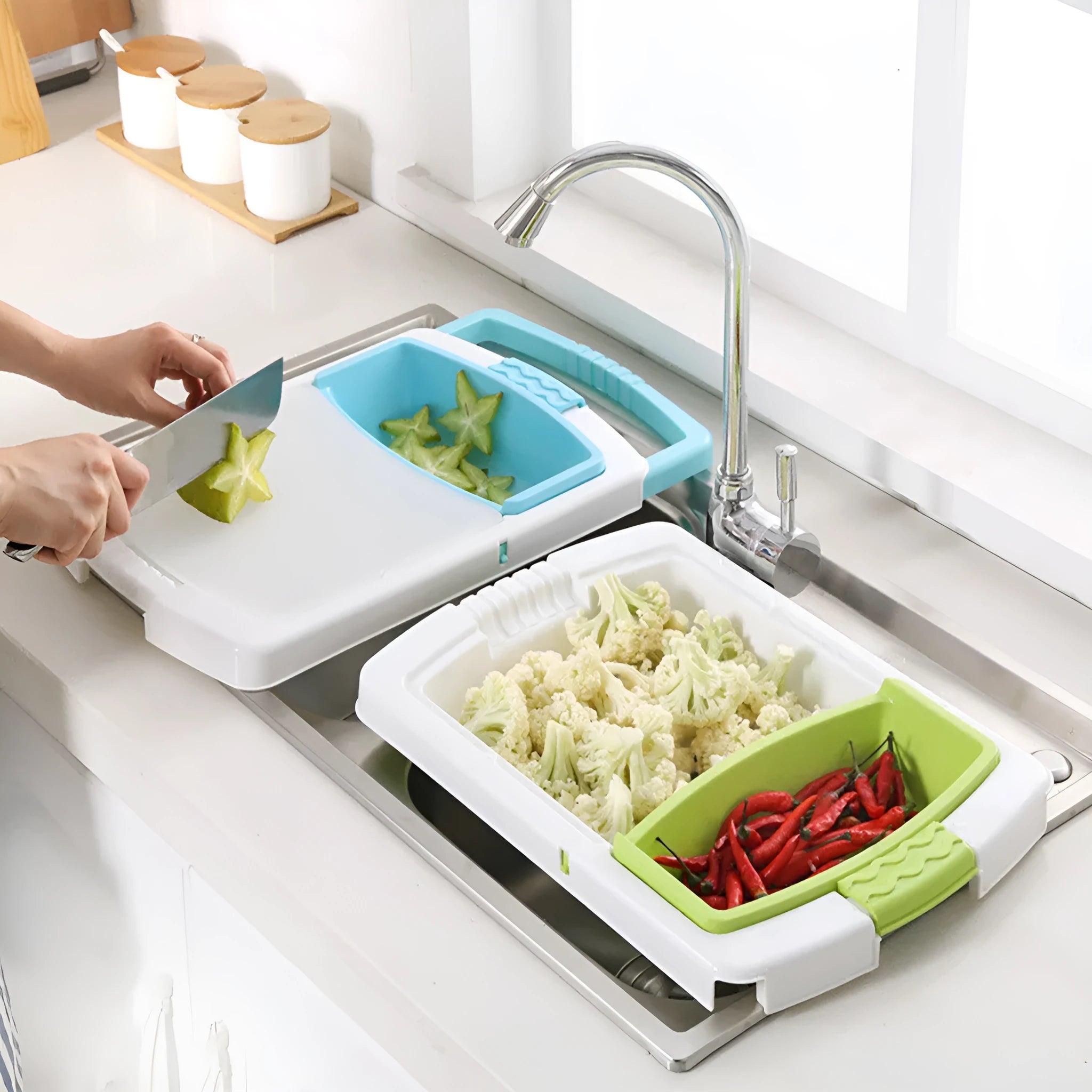 Green multi-function cutting board with sink basket mounted on kitchen sink edge