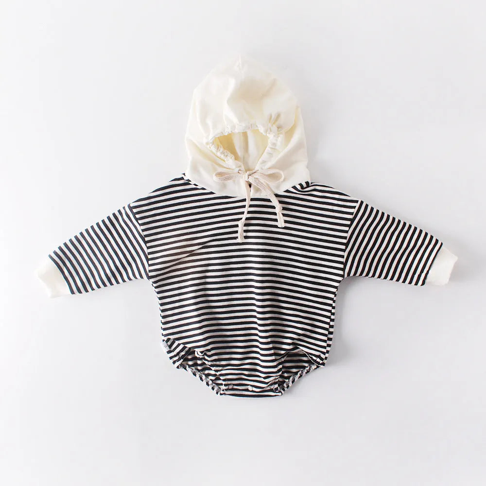 Baby striped hooded climbing suit in black stripe, 100% cotton, autumn wear, long sleeves, pullover style, size 66cm to 90cm