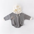Baby striped hooded climbing suit in black stripe, 100% cotton, autumn wear, long sleeves, pullover style, size 66cm to 90cm