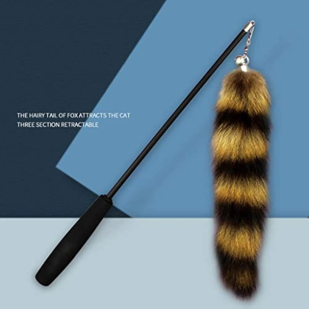 Black cat toy wand with a long elastic string and an attached teaser for interactive play.