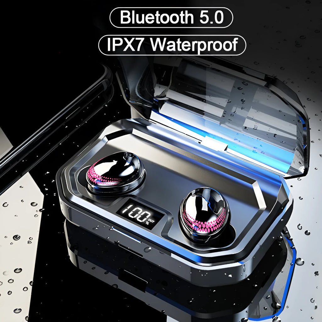 Black X10 Bluetooth wireless headset and charging case on a solid colour background.