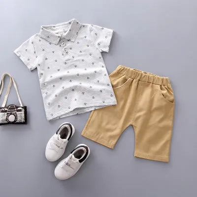 Anchor printed cotton children's trousers suit in Korean style with short sleeves