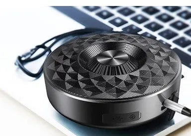 Square black Bluetooth portable speaker with microphone for wireless audio and calls