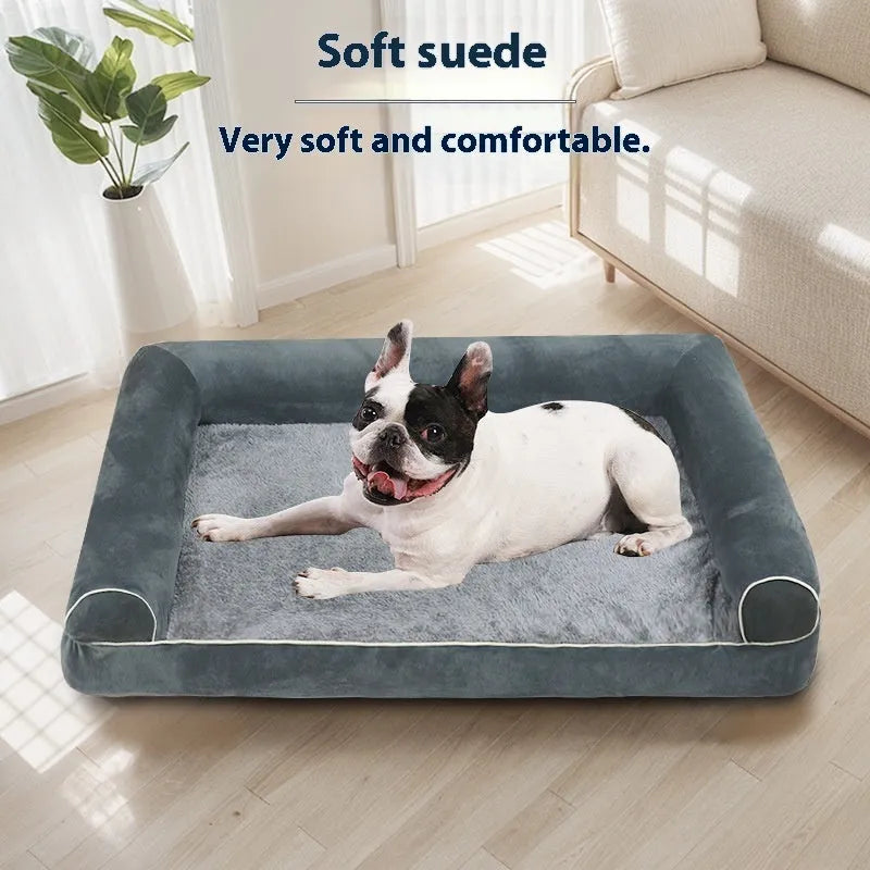 Square blue cloth dog bed with breathable sponge centre, shown in a home setting.