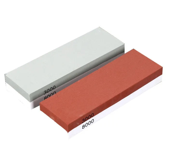 White corundum double-sided whetstone with 3000/8000 grit and bamboo base from five-piece kitchen sharpening set