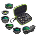 Black 6-in-1 smartphone camera lens kit with fisheye, macro, wide-angle, telephoto, CPL and star filter lenses on universal clip.