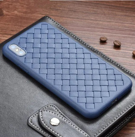 Luxury grid weaving patterned TPU phone case for iPhone shown in available colours with hollow cooling design.