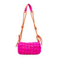 Women's lightweight nylon messenger bag in pillow shape with a crossbody strap, shown in rose red with a rhombus pattern.