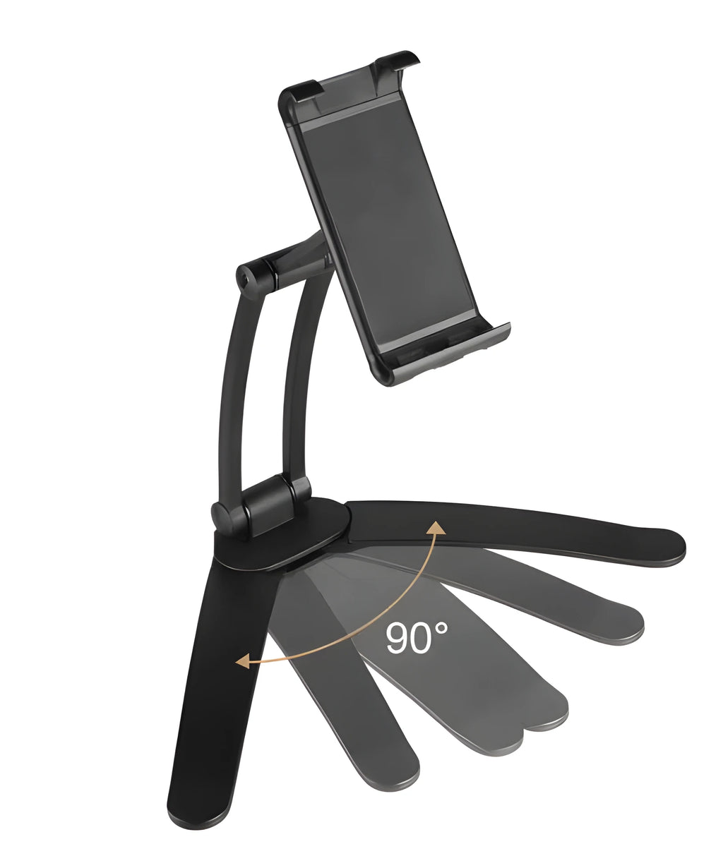Silver aluminium alloy desktop tablet stand holding a tablet, showing 360-degree adjustable arm and mounting base.