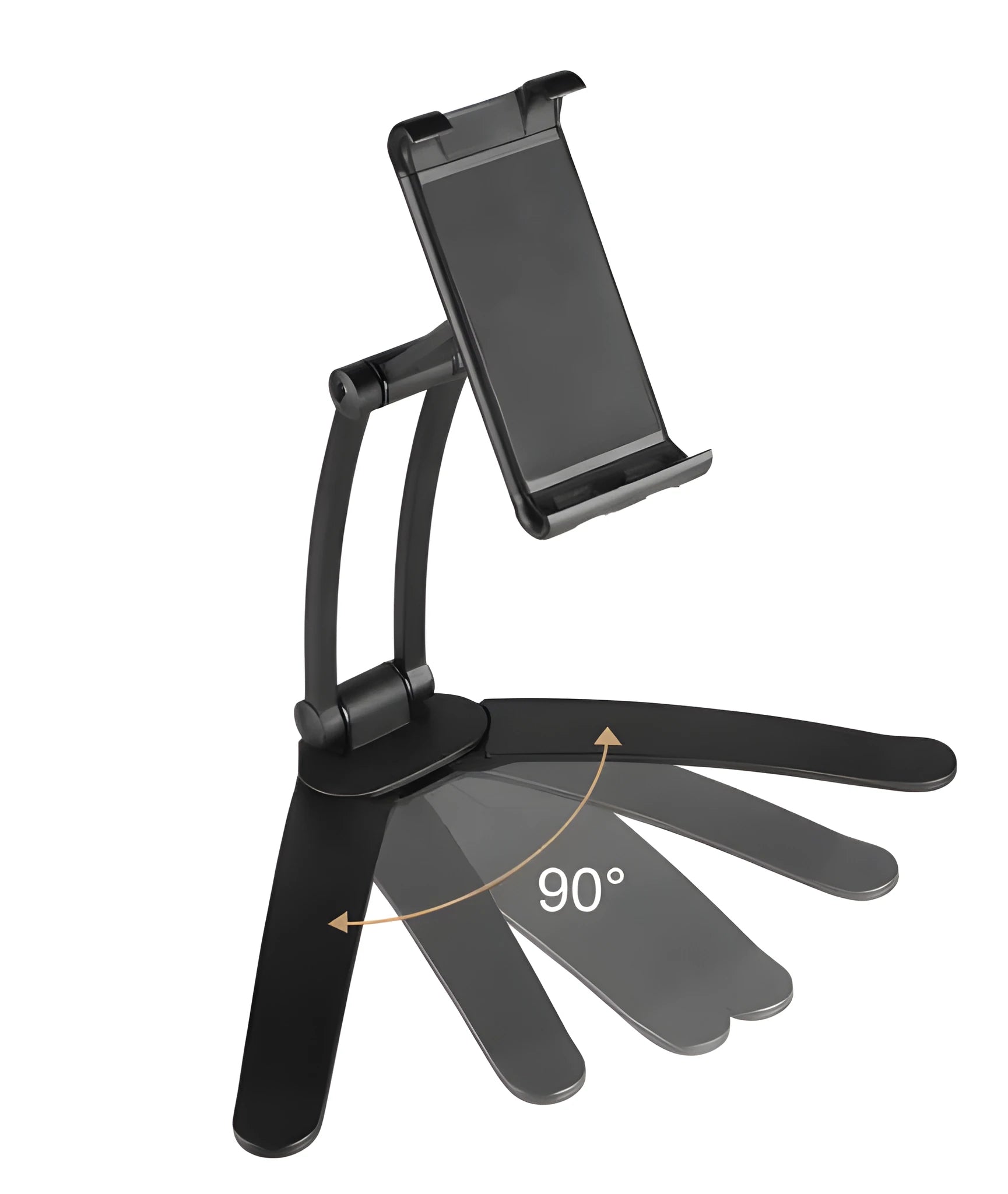Silver aluminium alloy desktop tablet stand holding a tablet, showing 360-degree adjustable arm and mounting base.