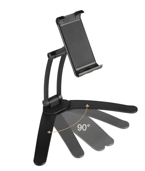 Silver aluminium alloy desktop tablet stand holding a tablet, showing 360-degree adjustable arm and mounting base.