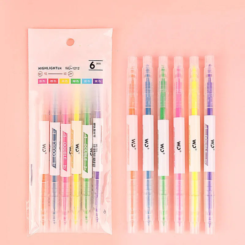 Set of six double-headed highlighter pens showing round and oblique nibs in orange, yellow, green, red, purple, and blue.