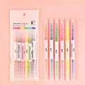Set of six double-headed highlighter pens showing round and oblique nibs in orange, yellow, green, red, purple, and blue.