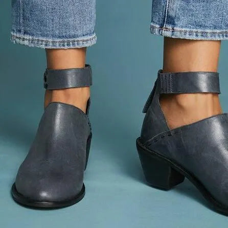 Vintage high heel ankle boots for women in black round toe PU leather mid heel 3-5 cm