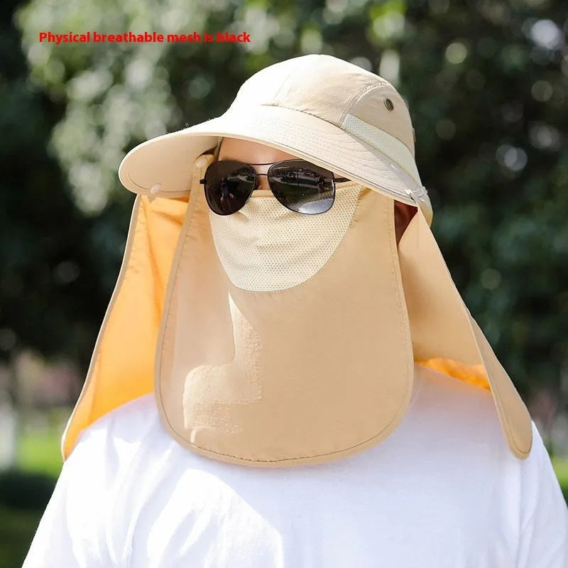 Men's sun protection hat with USB fan and integrated neck shawl in khaki colour