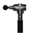 Black and white handheld muscle massager with adjustable speed control and lithium battery power