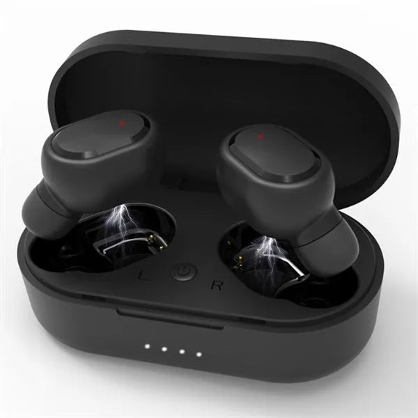 Black and white Bluetooth headphones with earbud design for wireless stereo sound
