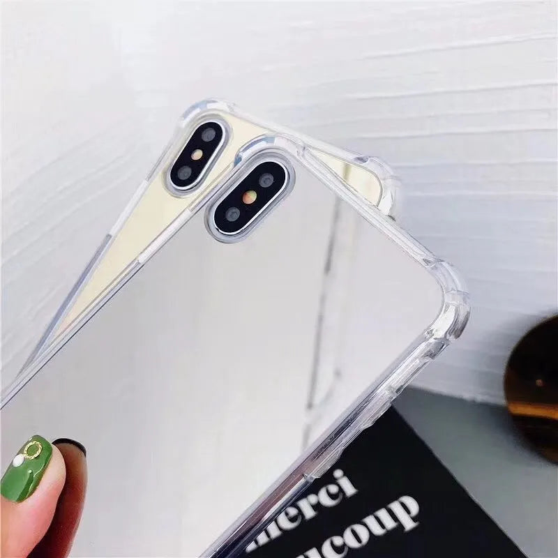 Mirror finish iPhone case in assorted colours showing reflective back and TPU soft edges.