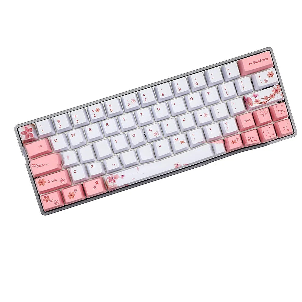 Pink PBT mechanical keyboard keycaps with white legends on top and sides, shown in an OEM profile.
