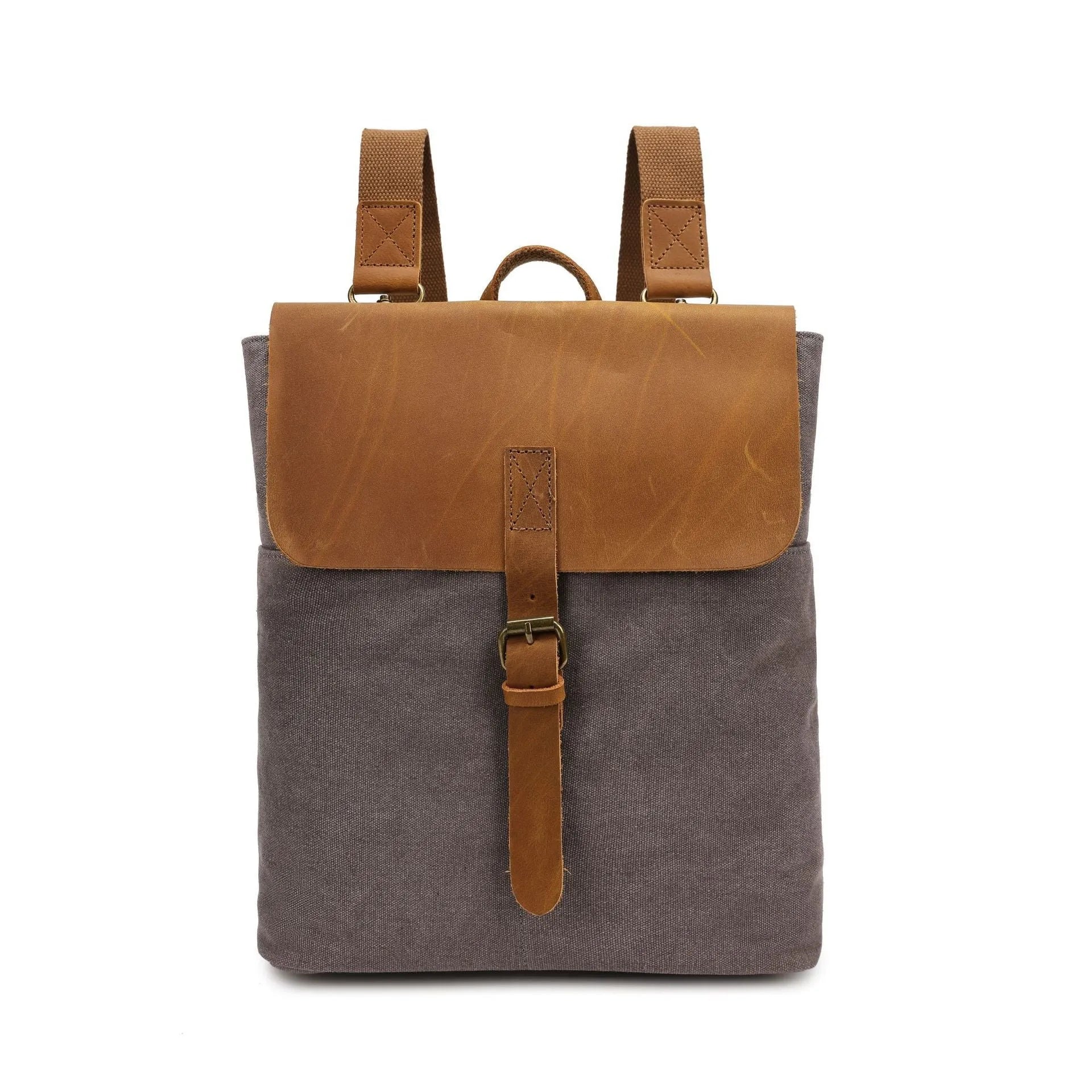 Crazy horse leather casual student backpack in waterproof canvas measuring 29×13×35cm