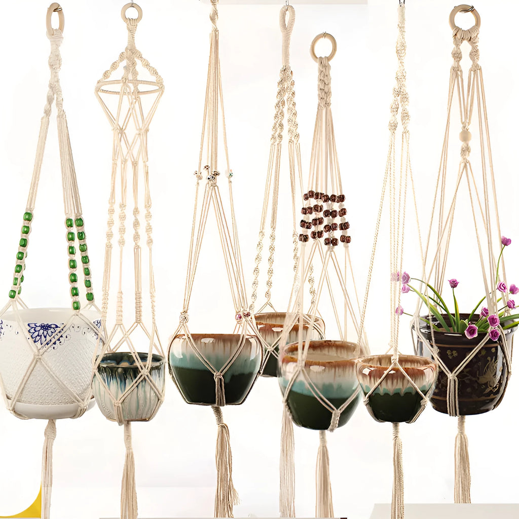 Woven wire plant basket in natural cotton rope, shown as a desktop and hanging planter.