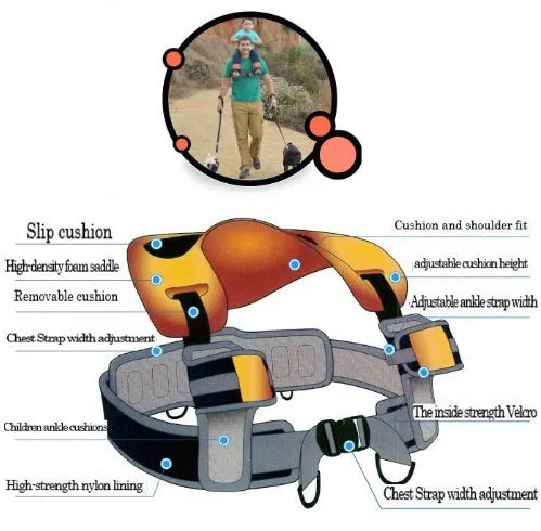 Hands-free shoulder carrier with cushioned hip seat and ankle straps in backpack style for toddler aged 2-5 years