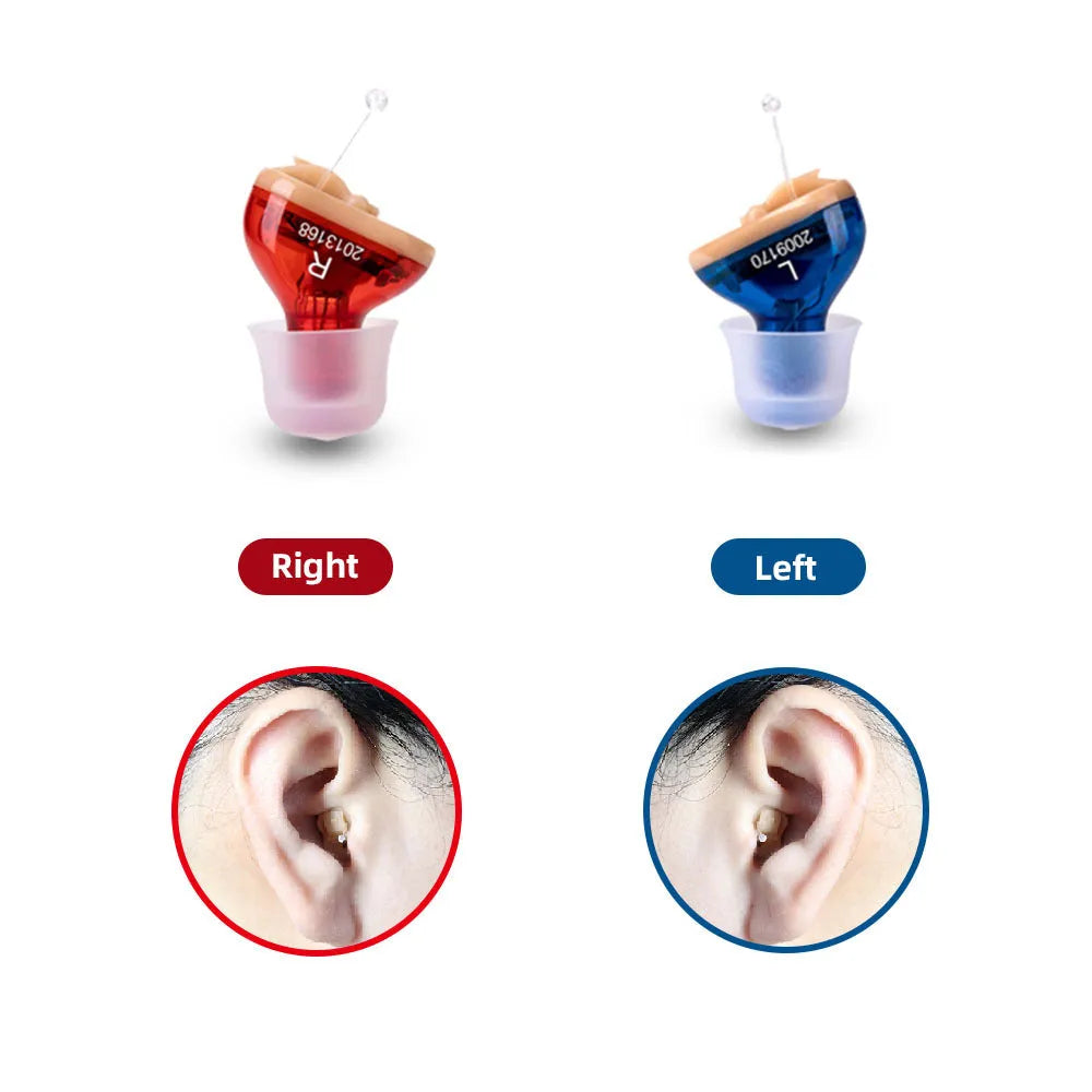 Red and blue Q10 CIC mini hearing aid with accessories including earphones, batteries, and cleaning brush
