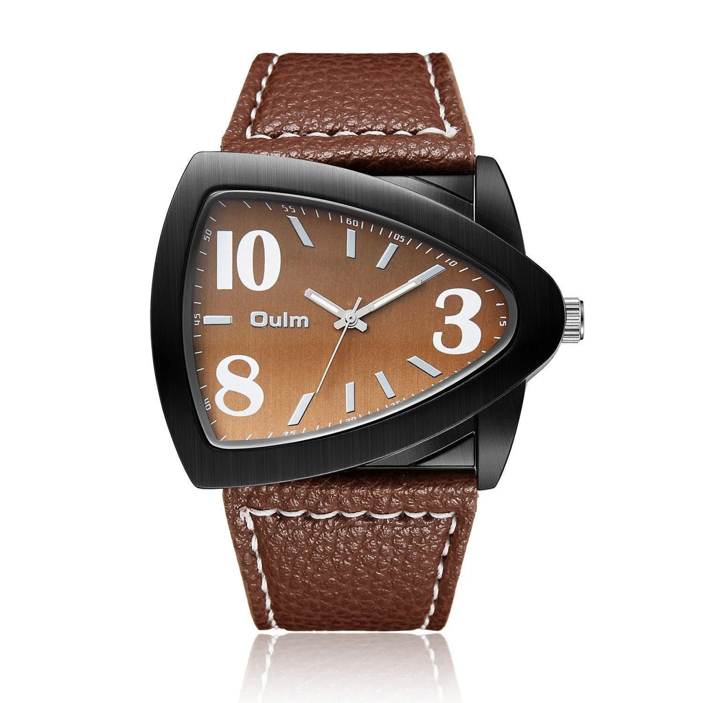 Men's casual watch with a triangle belt buckle shown in brown, black, and blue colour options.