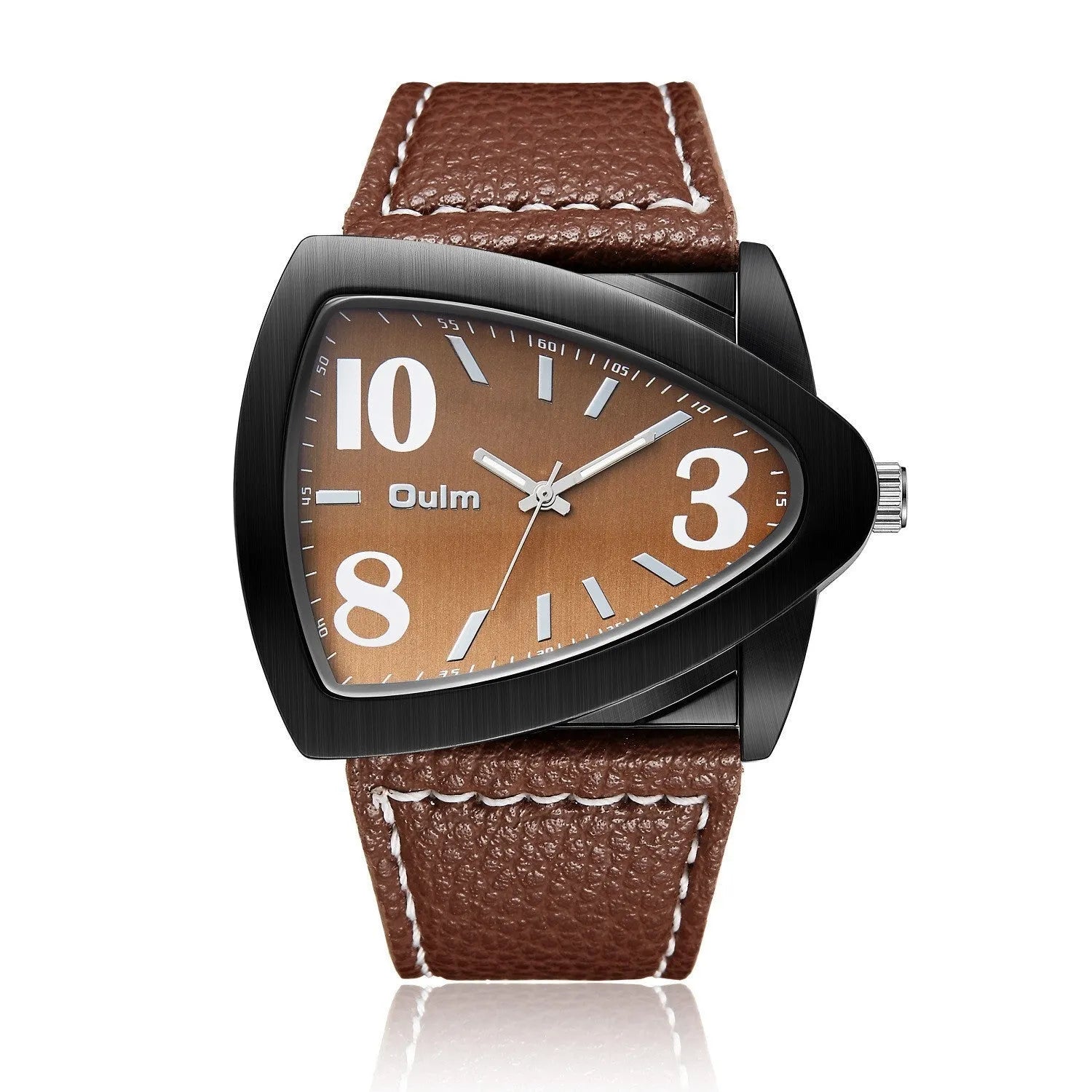 Men's casual watch with a triangle belt buckle shown in brown, black, and blue colour options.