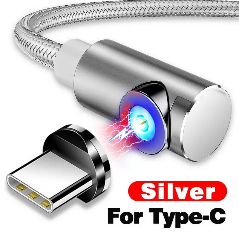 Black L-shaped magnetic USB cable with interchangeable Micro USB, Type-C and Lightning connector heads.