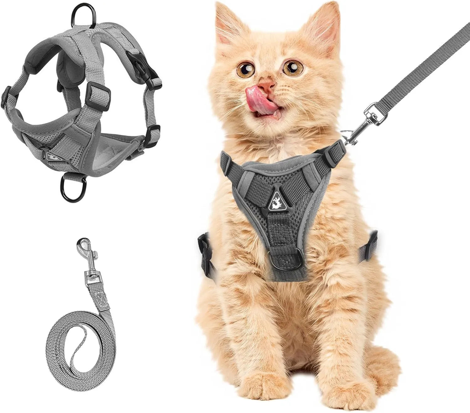Adjustable mesh cat harness with reflective strips in blue, coffee and grey colours