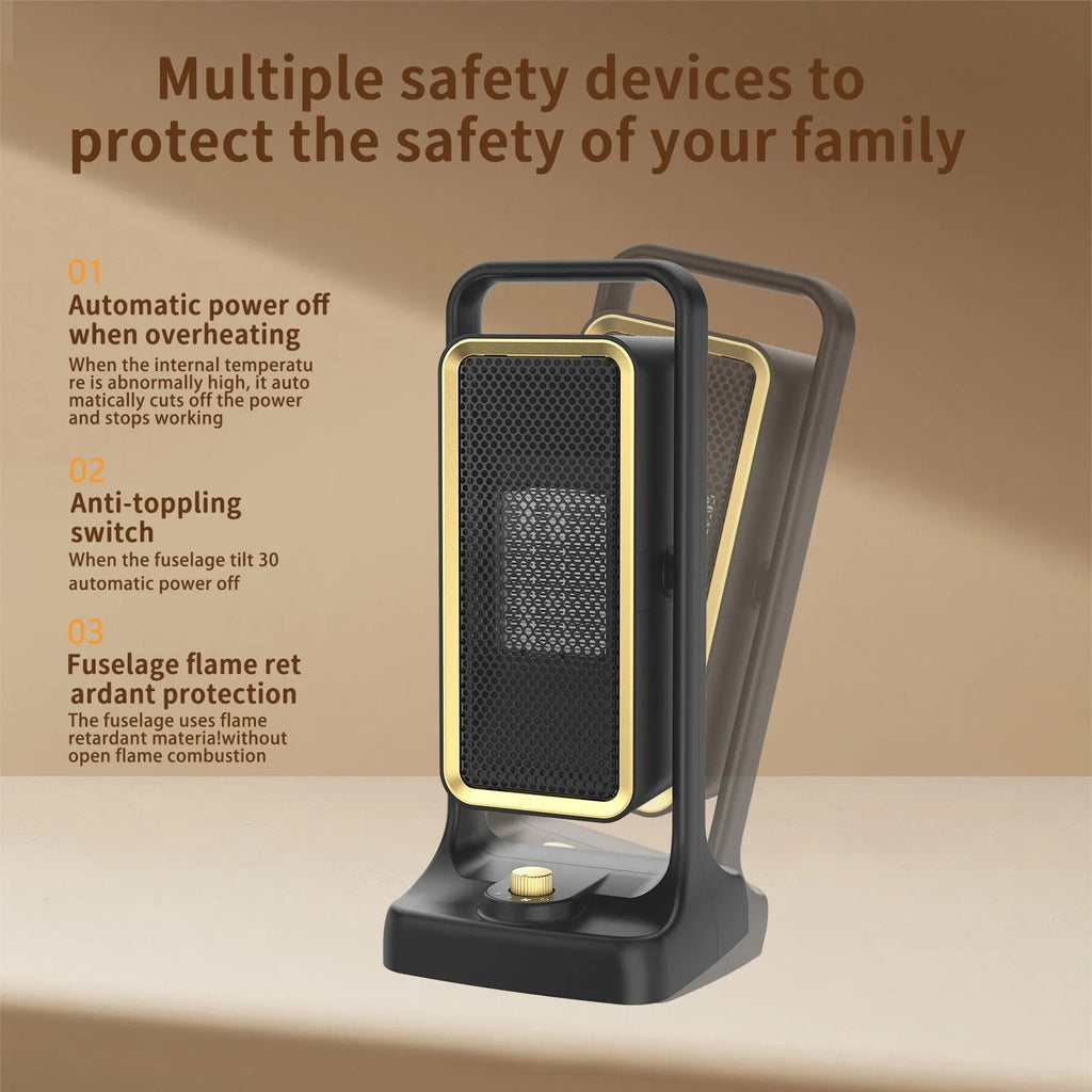 Black desktop PTC ceramic air heater with knob control, compact design measuring 14.9x11.1x33.5cm