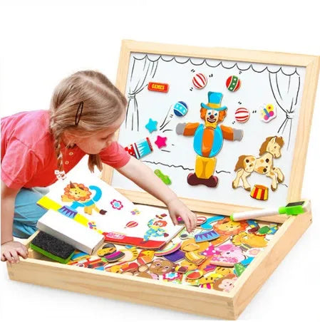 Wooden magnetic puzzle board with animal figures and drawing surface for children