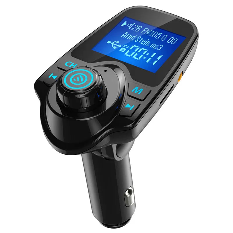 Black car Bluetooth hands-free device with FM transmitter, USB port, and TF card slot for music and calls