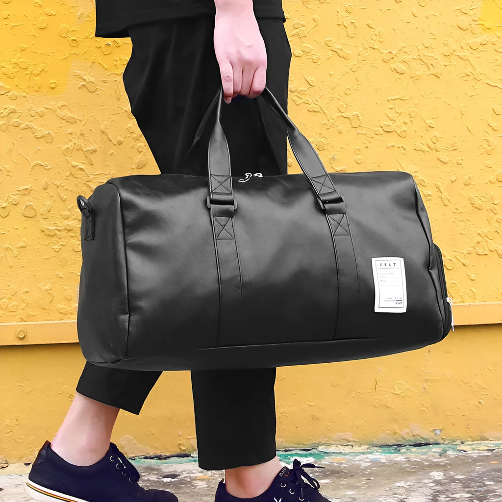 Black waterproof sports duffel bag with two side shoe compartments and diagonal straps, shown in large and small sizes.