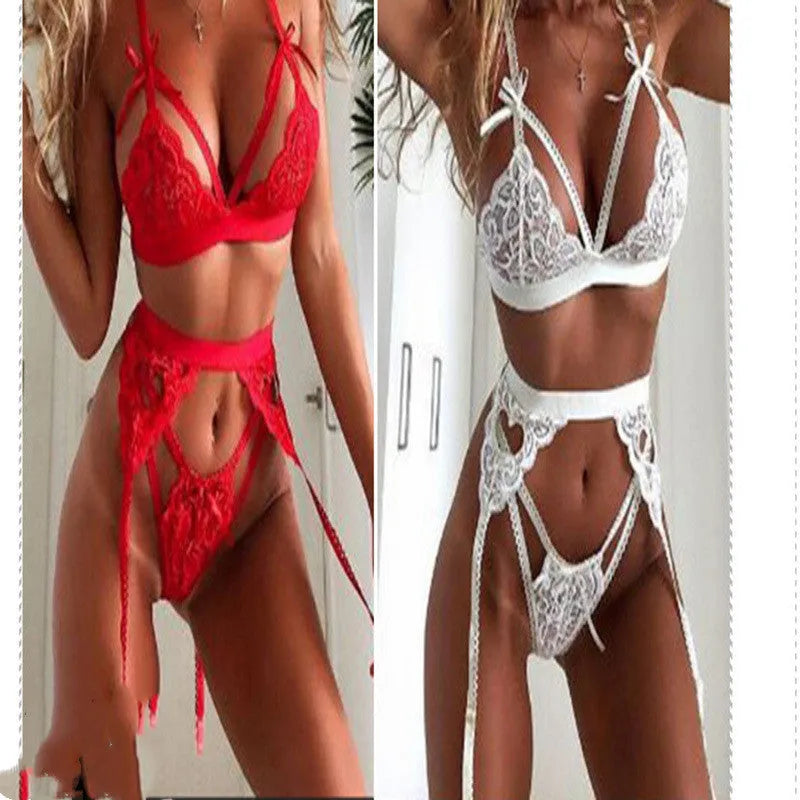 Red lace lingerie set for women showing bra and briefs with intricate lace detailing and adjustable straps