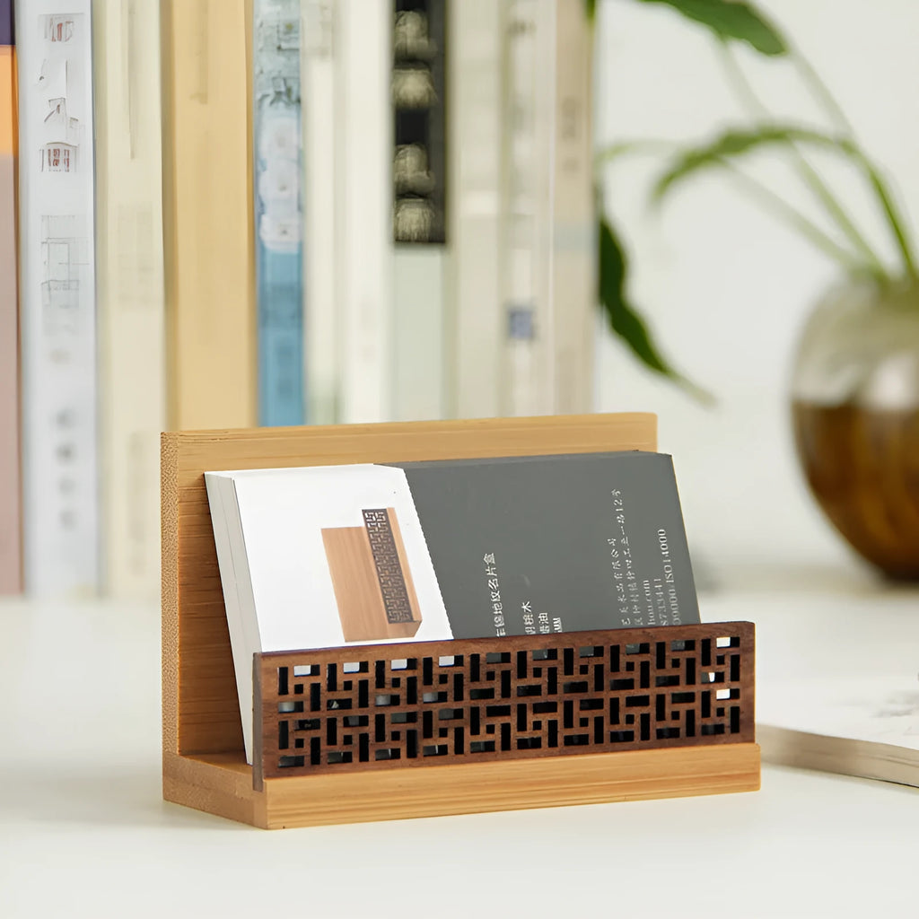 Geometric bamboo and black walnut business gift box for 80 cards.