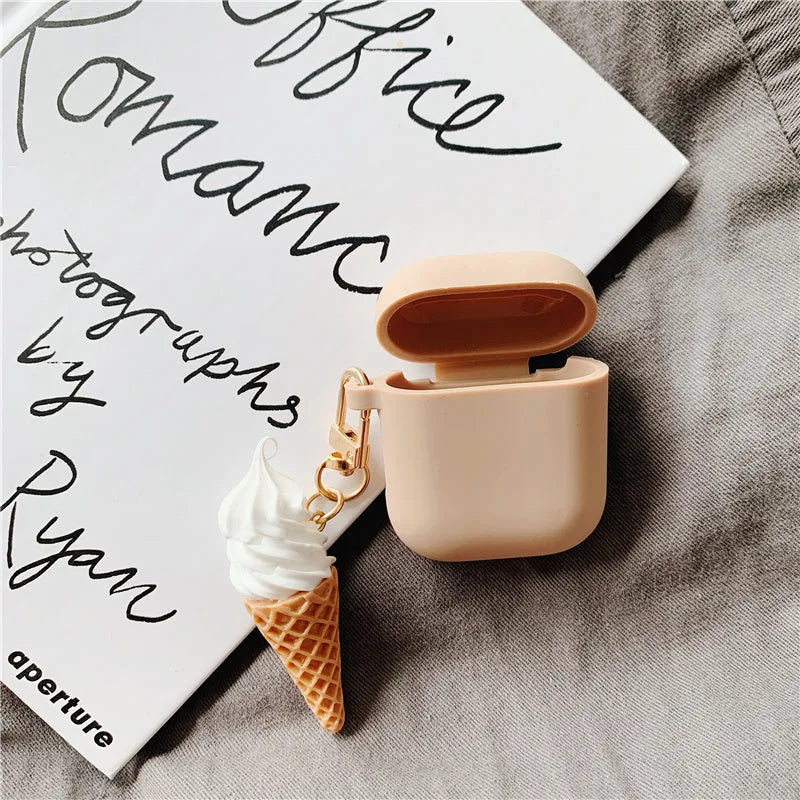 AirPods 2 silicone protective case with cylinder ice cream design showing clear lid and photo colour options