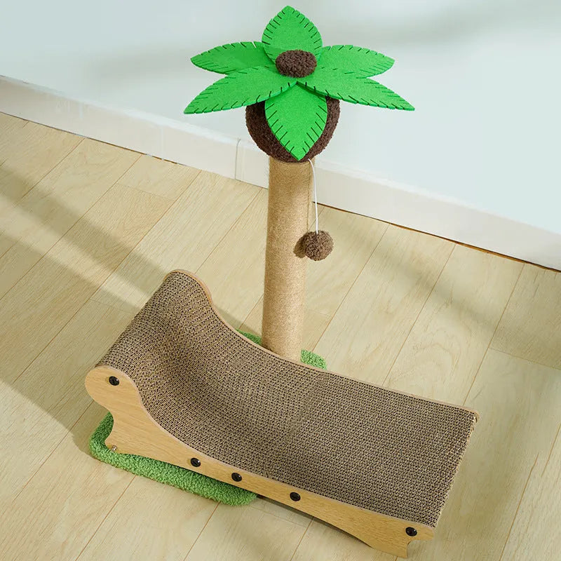 Wooden beach chair-shaped cat climbing frame with a scratch board and integrated nest.