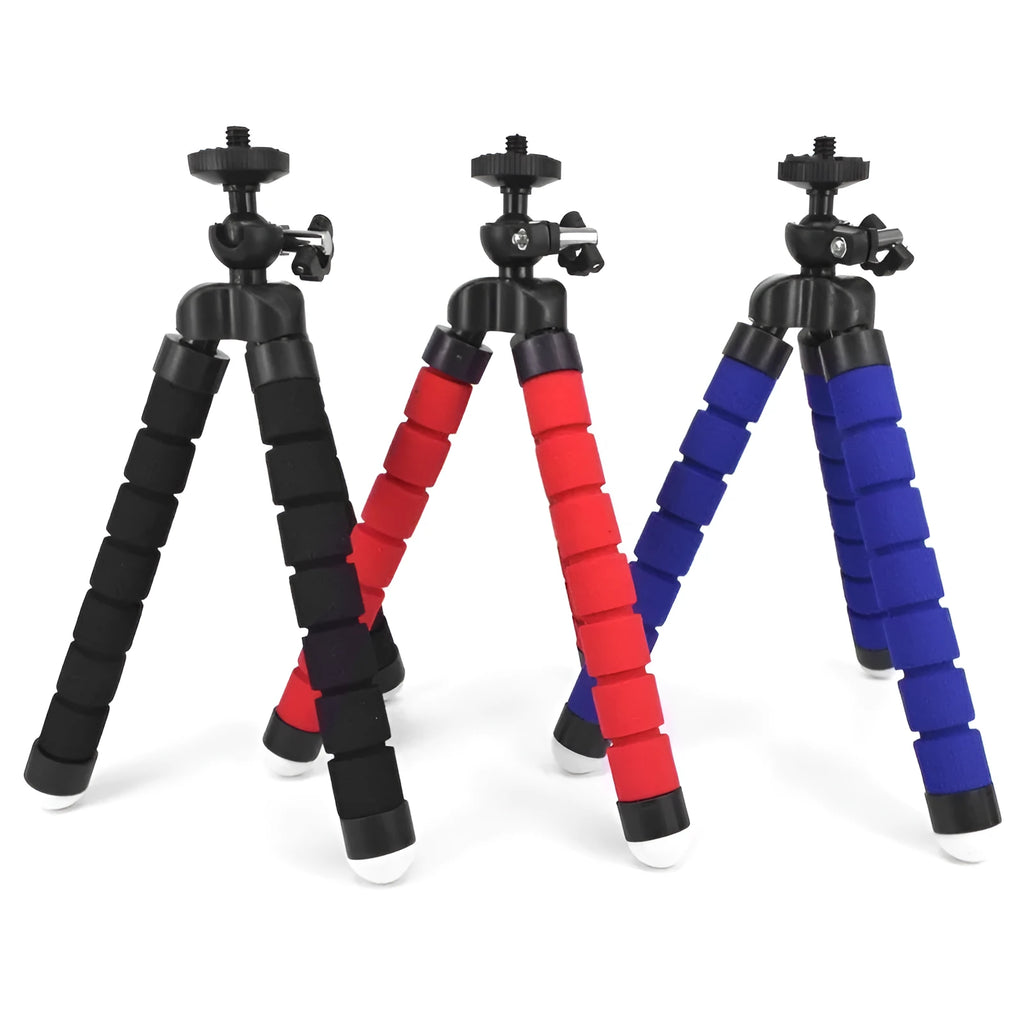 Black flexible octopus tripod wrapped around pole holding smartphone for video recording
