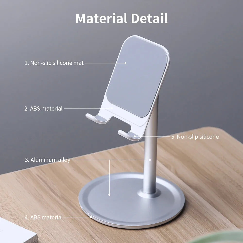 Silver white aluminium alloy mobile phone desktop stand holding a smartphone at an adjustable angle