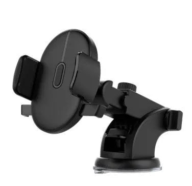 Black telescopic car phone holder with suction cup mount extended on a car dashboard.