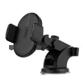 Black telescopic car phone holder with suction cup mount extended on a car dashboard.