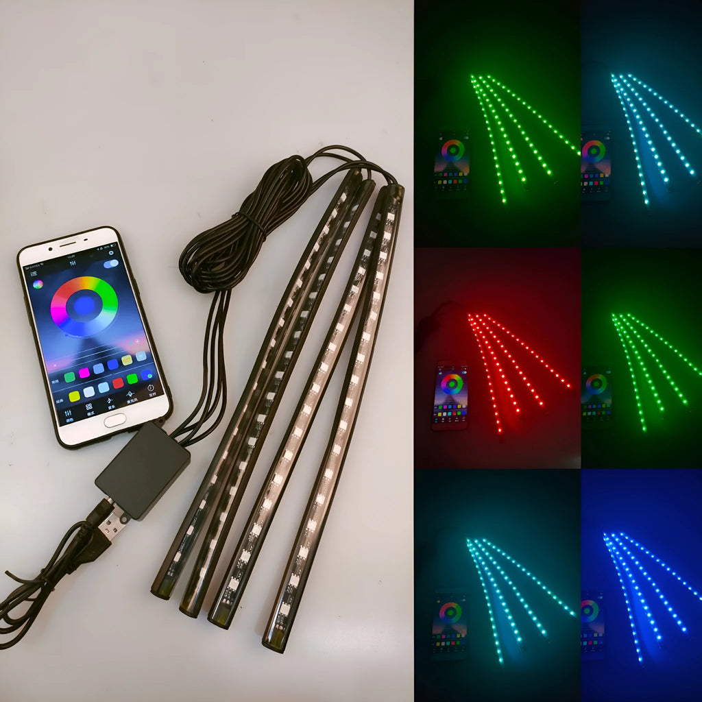 Car interior footwell LED accent lighting kit with four light strips and voice control unit
