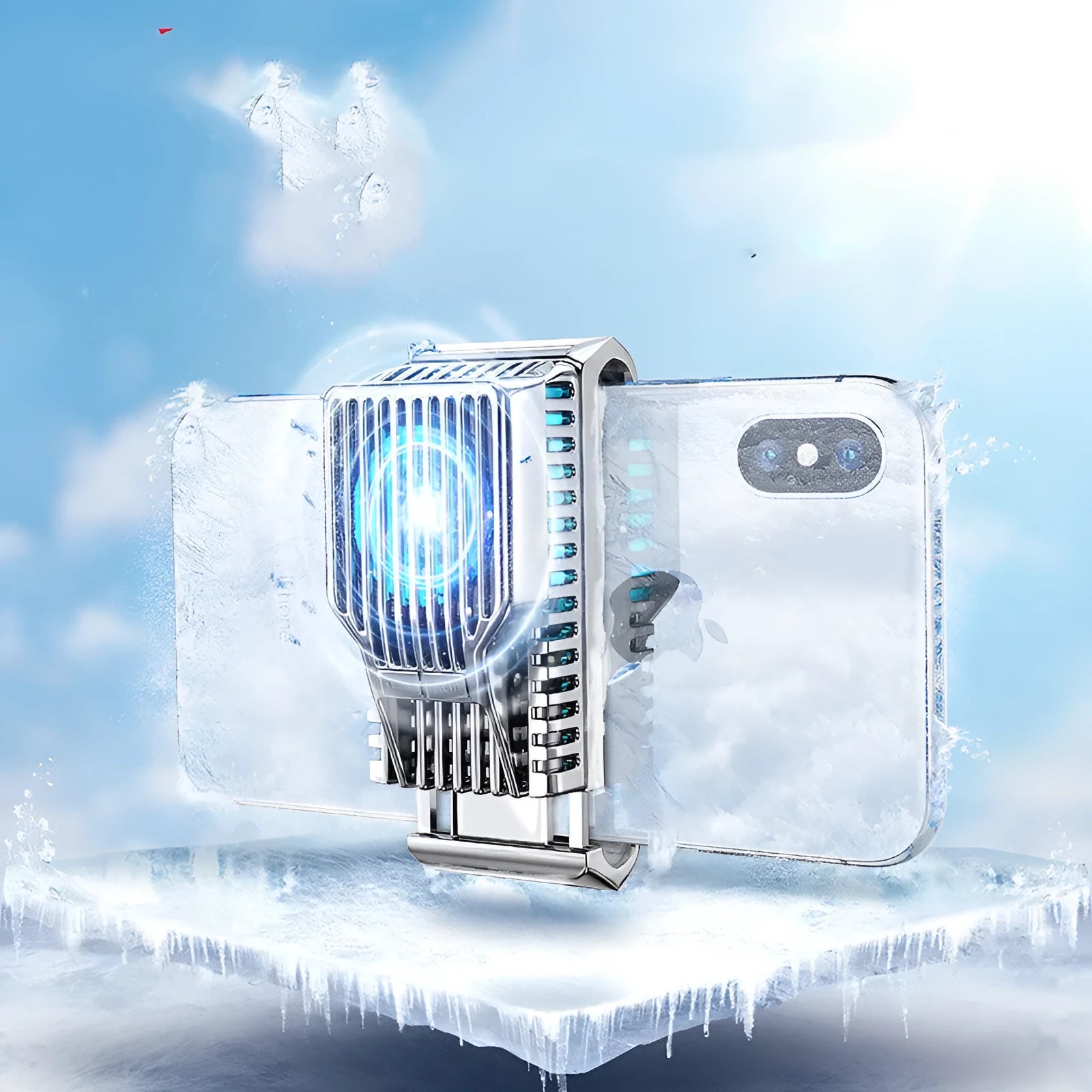 Black mobile phone radiator with clip design showing aluminum alloy and ceramic components for 4-7 inch devices