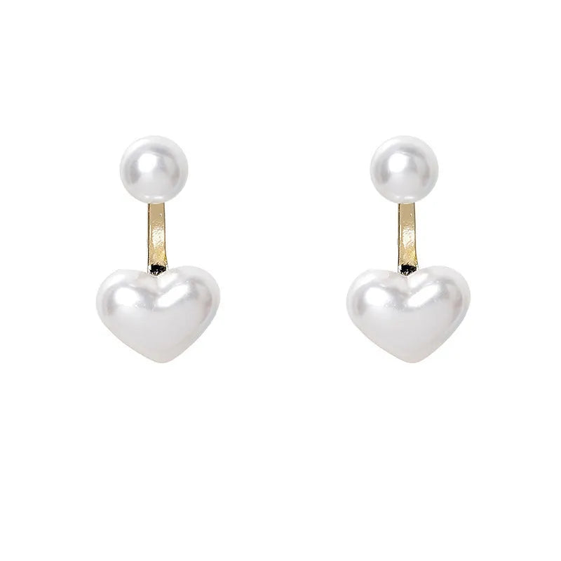 Heart-shaped stud earrings with pearlescent artificial gemstone accents on electroplated alloy